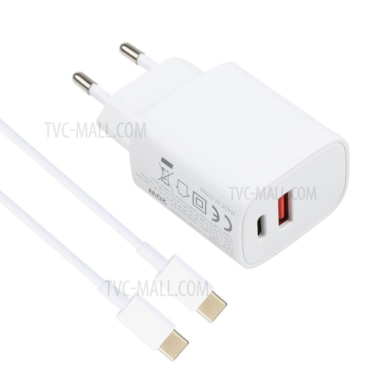 E087 20W Type-C+USB Fast Charging Wall Charger Power Adapter with 1m Type-C to Type-C Cable - EU Plug