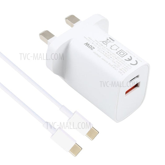 E087 20W Type-C+USB Fast Charging Wall Charger Adapter with 2m 20W Type-C to Type-C Cable - UK Plug