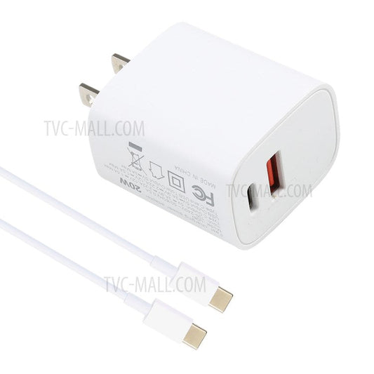 E087 20W Type-C+USB Fast Charging Wall Charger Adapter with 2m 20W Type-C to Type-C Cable - US Plug