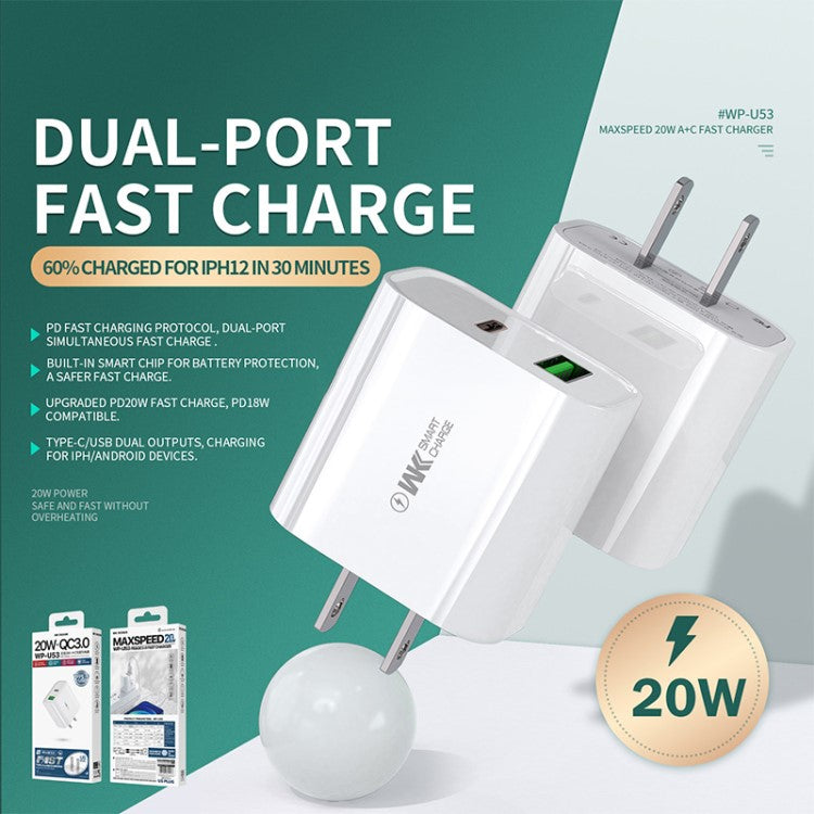WK WP-U53 20W PD Fast Charging USB-A + Type-C Dual Ports Wall Charger Travel Power Adapter - US Plug