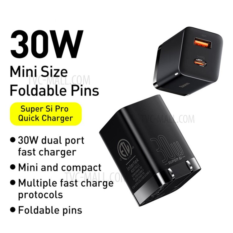 BASEUS Super Si Pro Type-C + USB Quick Charger Travel Dual Port Charging Block 30W - US Plug / Black