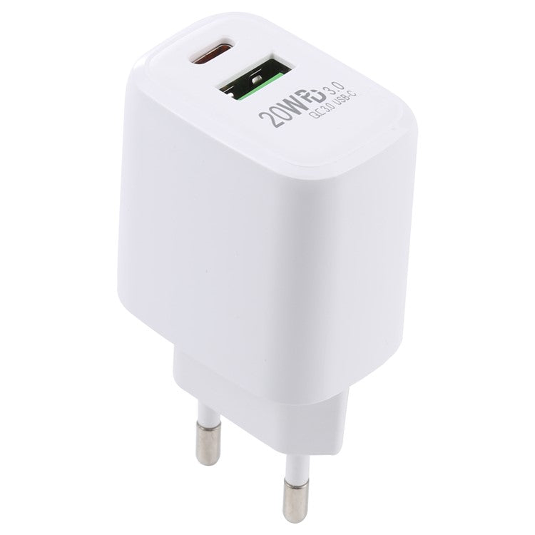 LZ-215A+C 20W QC3.0 USB + PD3.0 Type-C Dual Ports Fast Charging Travel Charger Power Adapter - EU Plug