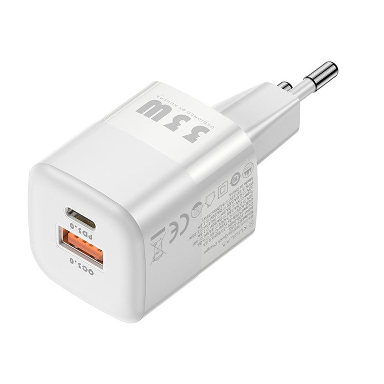 KUULAA RY-U33 Dual Port QC3.0 PD3.0 GaN Fast Charger 33W PD Type-C+USB Phone Charging Adapter - White/EU Plug