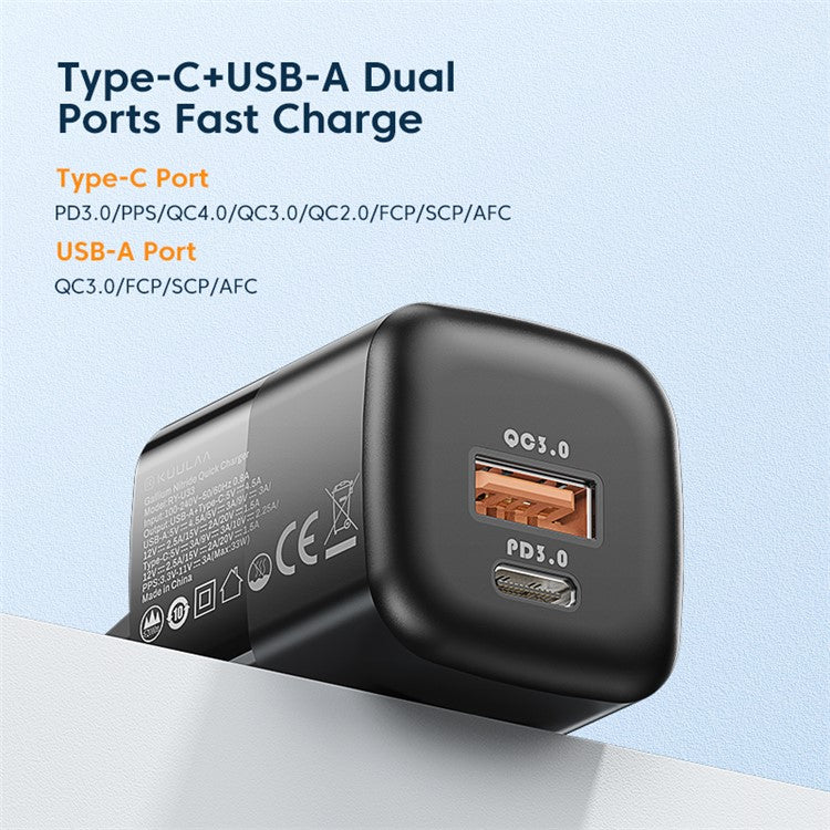 KUULAA RY-U33 Dual Port QC3.0 PD3.0 GaN Fast Charger 33W PD Type-C+USB Phone Charging Adapter - White/EU Plug