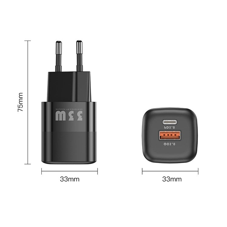 KUULAA RY-U33 Dual Port QC3.0 PD3.0 GaN Fast Charger 33W PD Type-C+USB Phone Charging Adapter - White/EU Plug