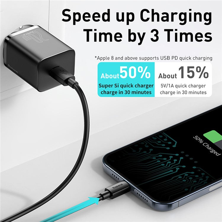 BASEUS Super Si Quick Charger Type-C 20W PD Fast Charging EU Plug Power Adapter (With Baseus Simple Wisdom Type-C to iP 1m Data Cable) - Black