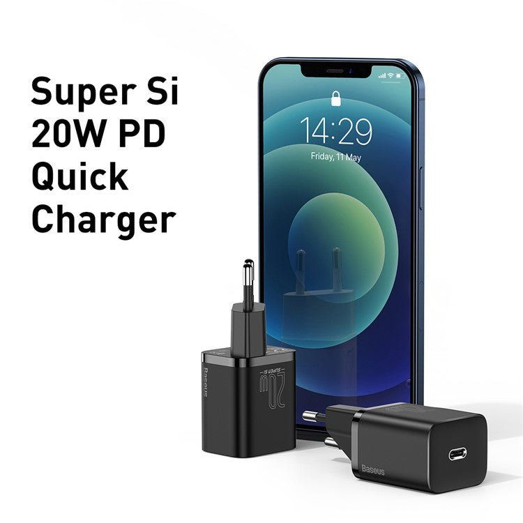 BASEUS Super Si Quick Charger Type-C 20W PD Fast Charging EU Plug Power Adapter (With Baseus Simple Wisdom Type-C to iP 1m Data Cable) - Black