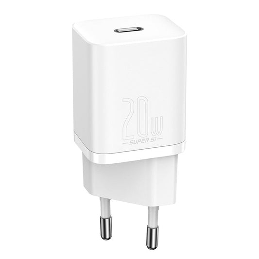 BASEUS Super Si Quick Charger Type-C 20W PD Fast Charging EU Plug Power Adapter (with Baseus Simple Wisdom Type-C to iP 1m Data Cable) - White