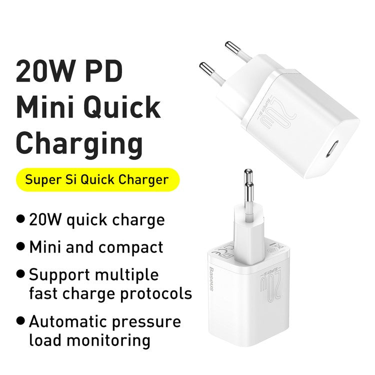 BASEUS Super Si Quick Charger Type-C 20W PD Fast Charging EU Plug Power Adapter (with Baseus Simple Wisdom Type-C to iP 1m Data Cable) - White