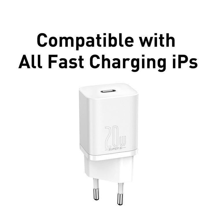 BASEUS Super Si Quick Charger Type-C 20W PD Fast Charging EU Plug Power Adapter (with Baseus Simple Wisdom Type-C to iP 1m Data Cable) - White