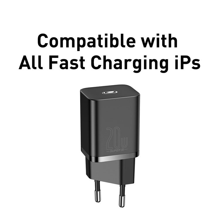 BASEUS Super Si Quick Charger Type-C 20W PD Fast Charging EU Plug Adapter (with 1m Type-C to iP Cable) - Black