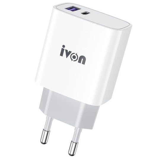 IVON AD52 Portable 18W PD Charger Type-C + USB Dual Ports Power Adapter - EU Plug