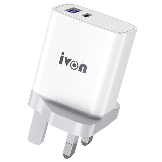 IVON AD52 Portable 18W PD Charger Type-C + USB Dual Ports Power Adapter - UK Plug