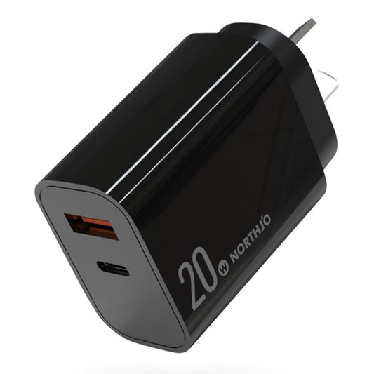 NORTHJO NOPD200602AU USB A + Type-C PD 20W  QC3.0 Fast Charger Dual Ports Power Adapter - AU Plug/Black