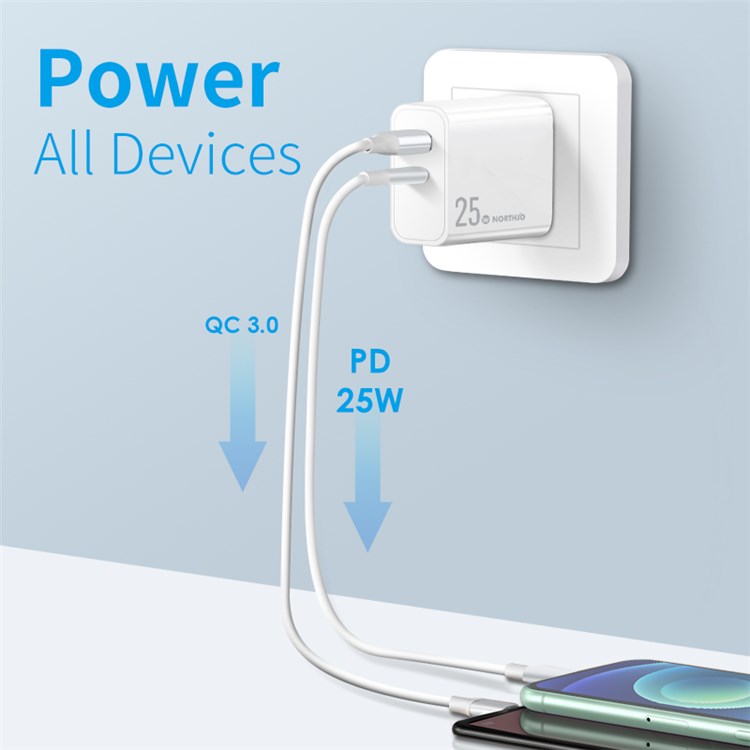 NORTHJO NOPD200602AU USB A + Type-C PD 20W  QC3.0 Fast Charger Dual Ports Power Adapter - AU Plug/White