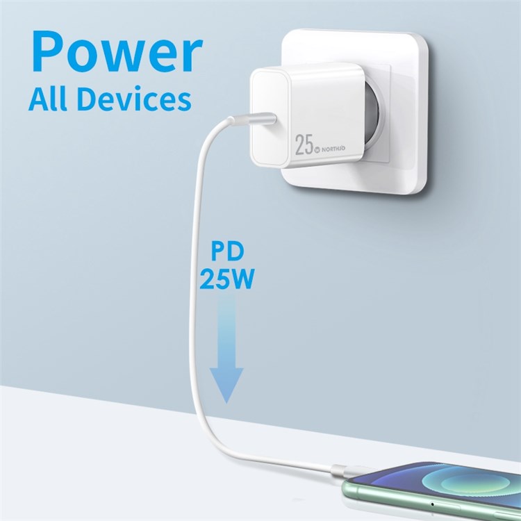 NORTHJO NOPD250601EU PD 25W Fast Type C Charger USB C Charger Block for Samsung iPhone iPad - EU Plug/White