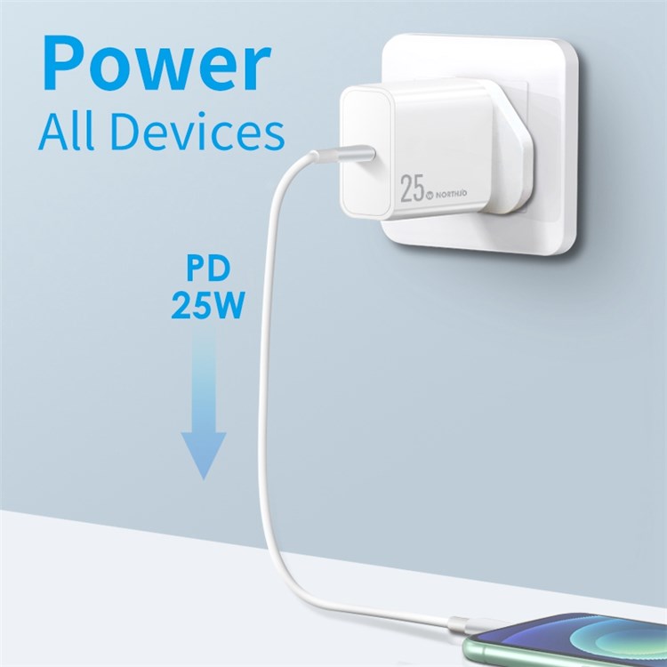 NORTHJO NOPD250601UK Travel USB C Charger Block PD 25W Fast Type C Charger - UK Plug/White
