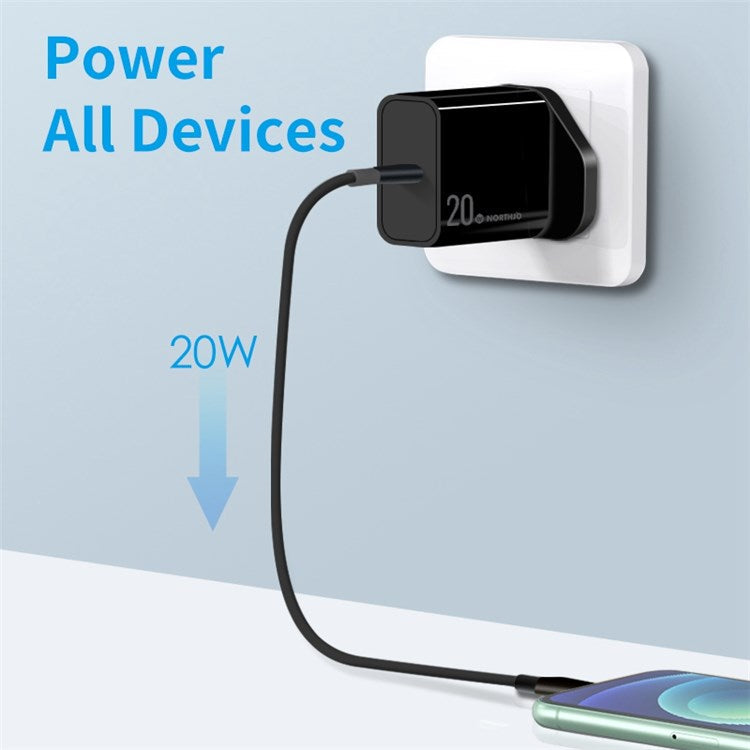 NORTHJO NOPD200601UK Portable Power Adapter PD 20W Fast Type C Charger USB C Charger Block - UK Plug/Black