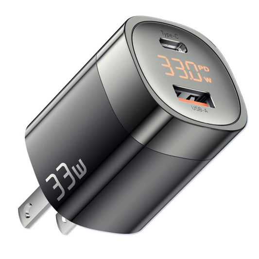 ESSAGER 33W Fast Charging GaN Power Adapter USB-A + Type-C Dual Port Charger with Digital Display - US Plug / Black