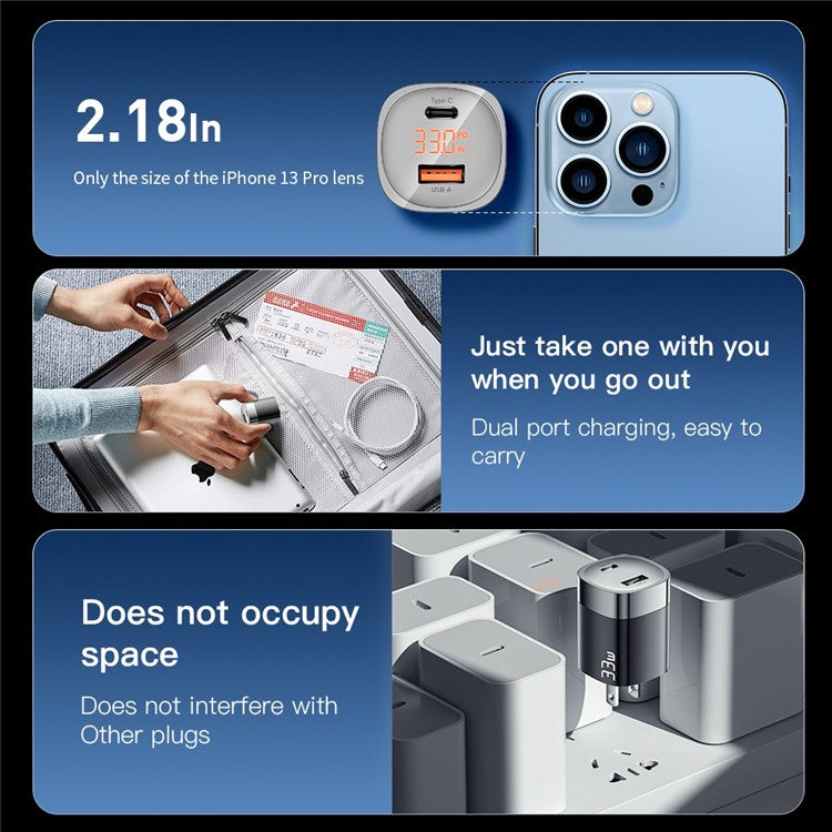 ESSAGER 33W Fast Charging GaN Power Adapter USB-A + Type-C Dual Port Charger with Digital Display - US Plug / Black