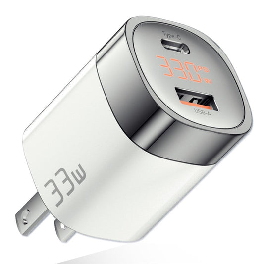 ESSAGER 33W Fast Charging GaN Power Adapter USB-A + Type-C Dual Port Charger with Digital Display - US Plug / White