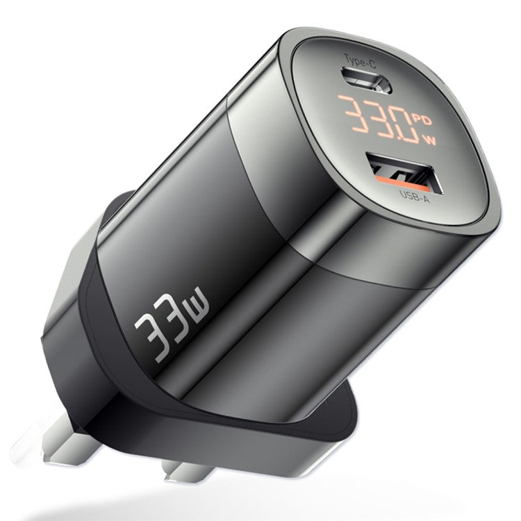 ESSAGER 33W Fast Charging GaN Power Adapter USB-A + Type-C Dual Port Charger with Digital Display - UK Plug / Black