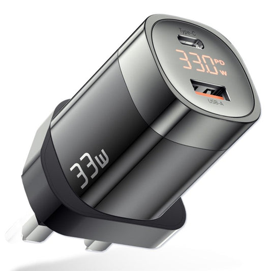 ESSAGER 33W Fast Charging GaN Power Adapter USB-A + Type-C Dual Port Charger with Digital Display - UK Plug / Black