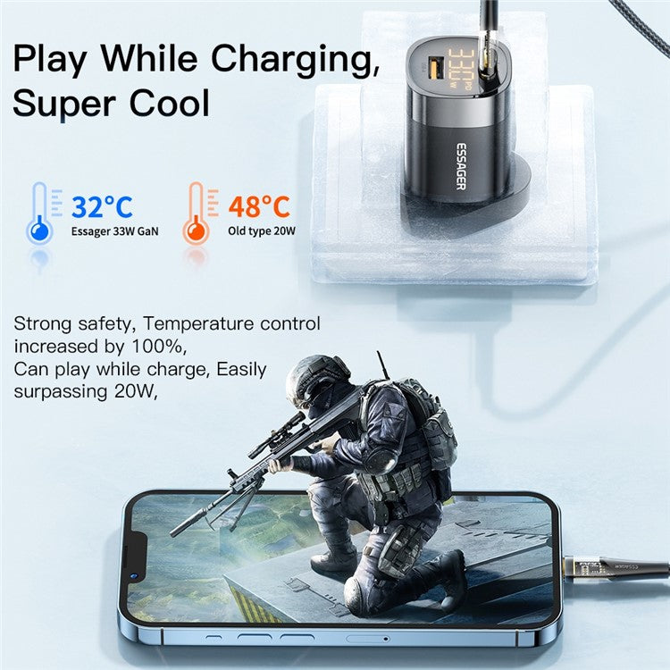 ESSAGER 33W Fast Charging GaN Power Adapter USB-A + Type-C Dual Port Charger with Digital Display - UK Plug / Black