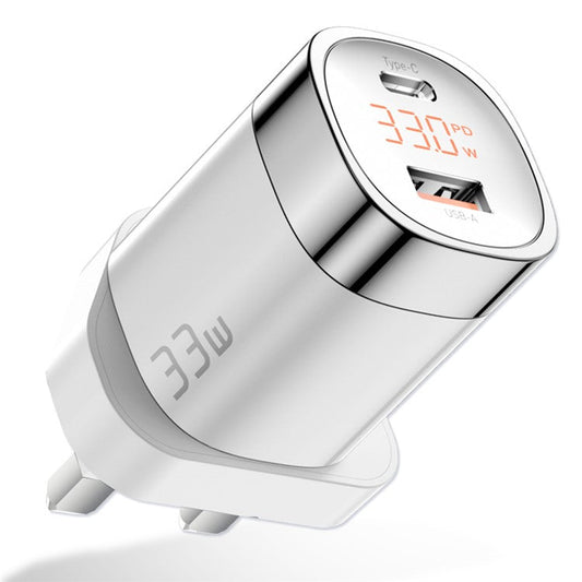 ESSAGER 33W Fast Charging GaN Power Adapter USB-A + Type-C Dual Port Charger with Digital Display - UK Plug / White