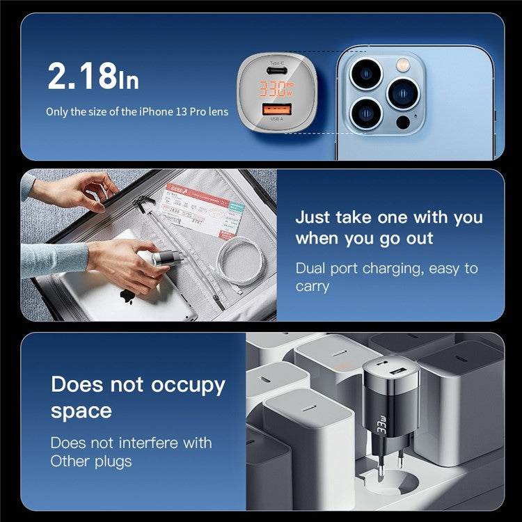 ESSAGER 33W Fast Charging GaN Power Adapter USB-A + Type-C Dual Port Charger with Digital Display - EU Plug / White