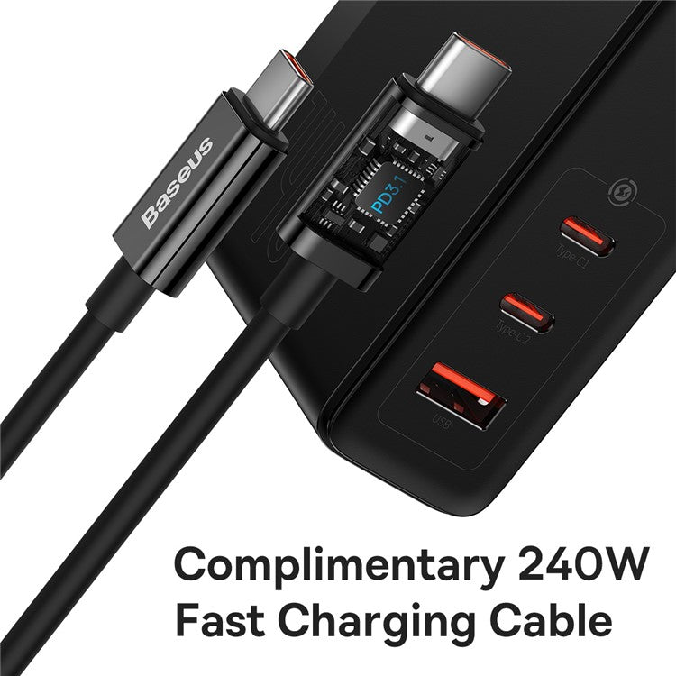 BASEUS GaN5 Pro Fast Charger 2Type-C+USB 140W EU Plug Multi-Port Wall Charger Adapter Block Quick Charging Box Brick with 1m Type-C To Type-C 240W Cable - Black