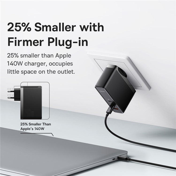 BASEUS GaN5 Pro Fast Charger 2Type-C+USB 140W EU Plug Multi-Port Wall Charger Adapter Block Quick Charging Box Brick with 1m Type-C To Type-C 240W Cable - Black