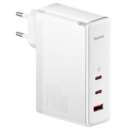 BASEUS GaN5 Pro Fast Charger 2Type-C+USB 140W EU Plug Multi-Port Wall Charger Adapter Block Quick Charging Box Brick with 1m Type-C To Type-C 240W Cable - White