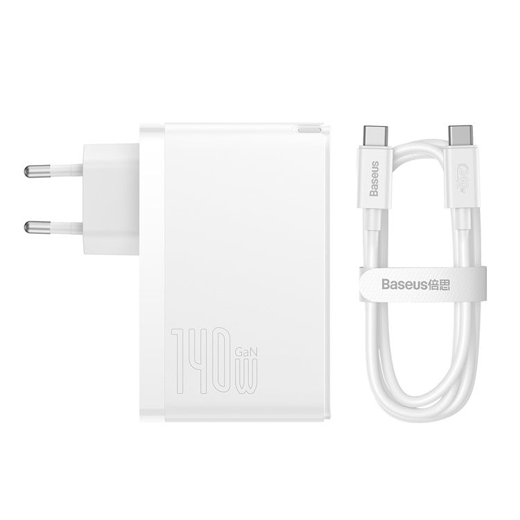 BASEUS GaN5 Pro Fast Charger 2Type-C+USB 140W EU Plug Multi-Port Wall Charger Adapter Block Quick Charging Box Brick with 1m Type-C To Type-C 240W Cable - White