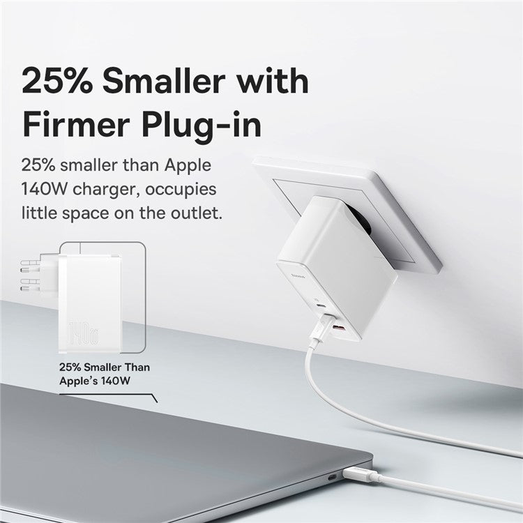 BASEUS GaN5 Pro Fast Charger 2Type-C+USB 140W EU Plug Multi-Port Wall Charger Adapter Block Quick Charging Box Brick with 1m Type-C To Type-C 240W Cable - White
