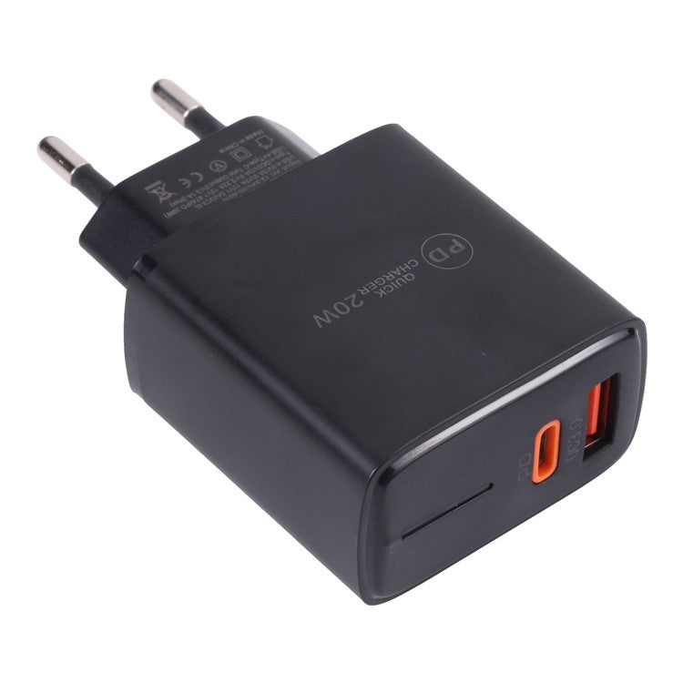 LZ-1130 PD 20W Type-C+QC 3.0 USB Fast Charger Power Adapter Portable Charging Block - EU Plug / Black