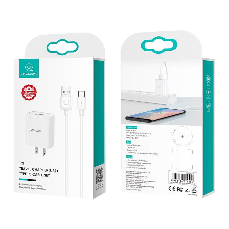 USAMS T21 Fast Charger Adapter Portable Wall Charger Block Mini Travel Charger Set with Type-C Cable for Samsung, Huawei (US Plug)