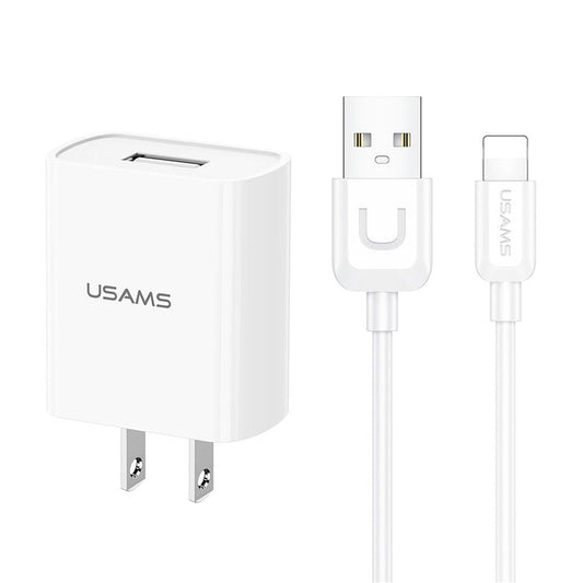 USAMS T21 Travel Wall Charger US Plug Power Adapter with USB to Lightning Cable - White