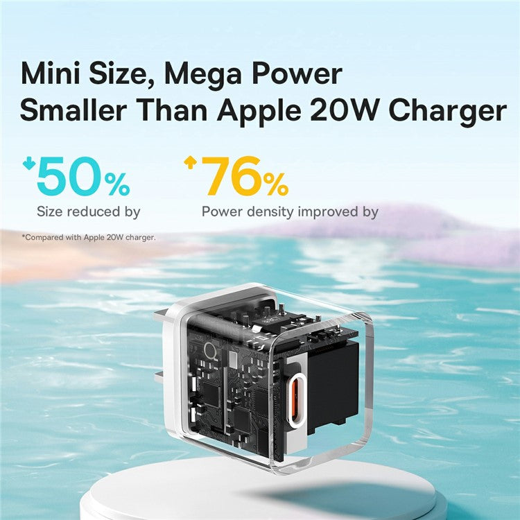 BASEUS GaN5 Fast Charger Adapter 1C 20W CN Plug Set Wall Charger (Mini) with Superior Series Fast Charging Data Cable Type-C to iP PD 20W 1m - White