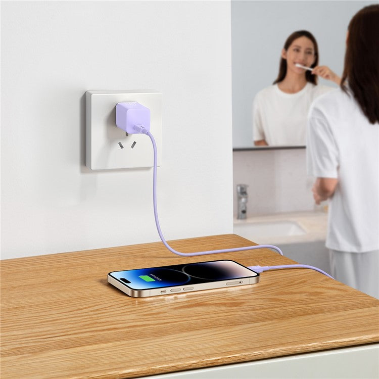 BASEUS GaN5 Fast Charger Adapter 1C 20W CN Plug Set Wall Charger (Mini) with Superior Series Fast Charging Data Cable Type-C to iP PD 20W 1m - Purple