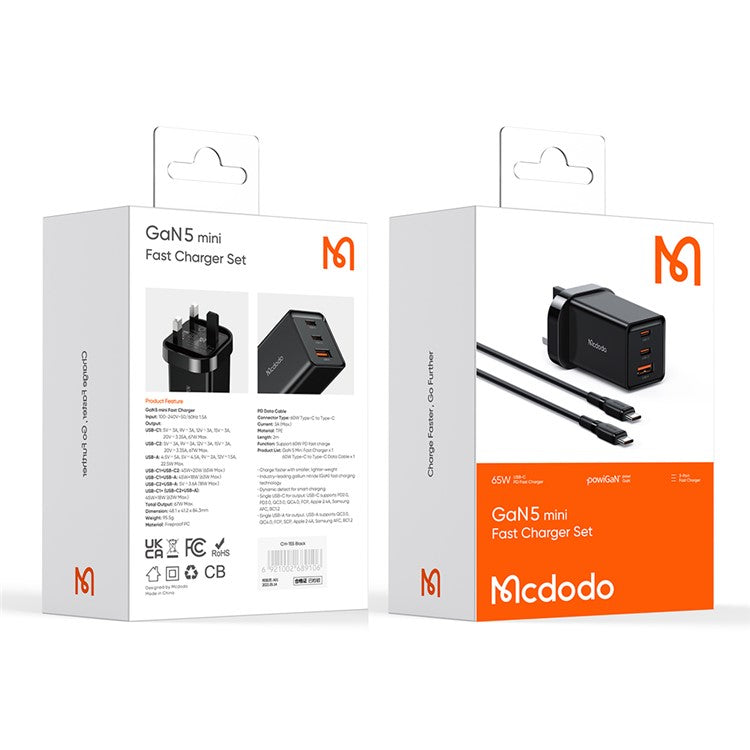 MCDODO CH-15 MDD 65W GaN 5 Mini Fast Charger Wall Charger Adapter Portable 3-Ports Quick Charger Set with Type-C Charging Cable - UK Plug