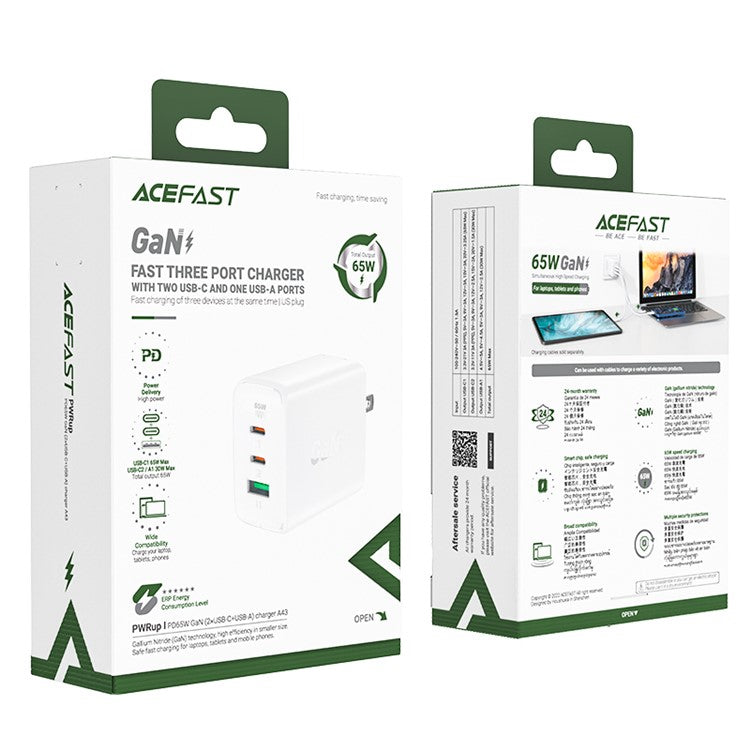ACEFAST A43 PD 65W Portable GaN Charger 2 Type-C + USB-A Power Adapter, US Plug - White
