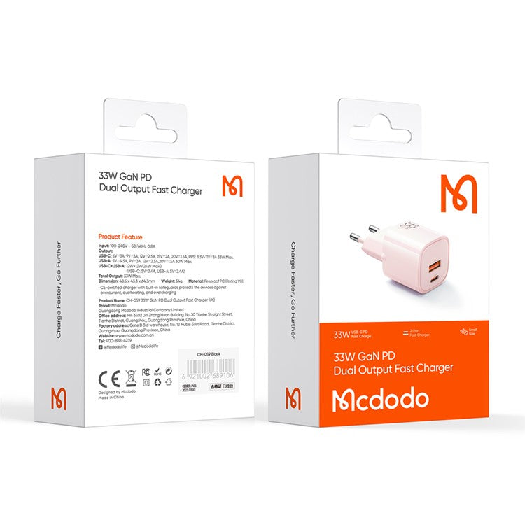 MCDODO MDD Nano Series PD 33W USB-A + Type-C Fast Charging Adapter Dual Port Wall Charger - EU Plug / Pink