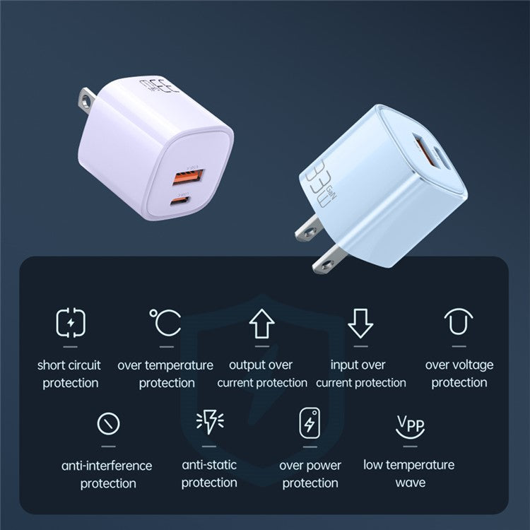MCDODO MDD Nano Series PD 33W USB-A + Type-C Fast Charging Adapter Dual Port Wall Charger - US Plug / Blue