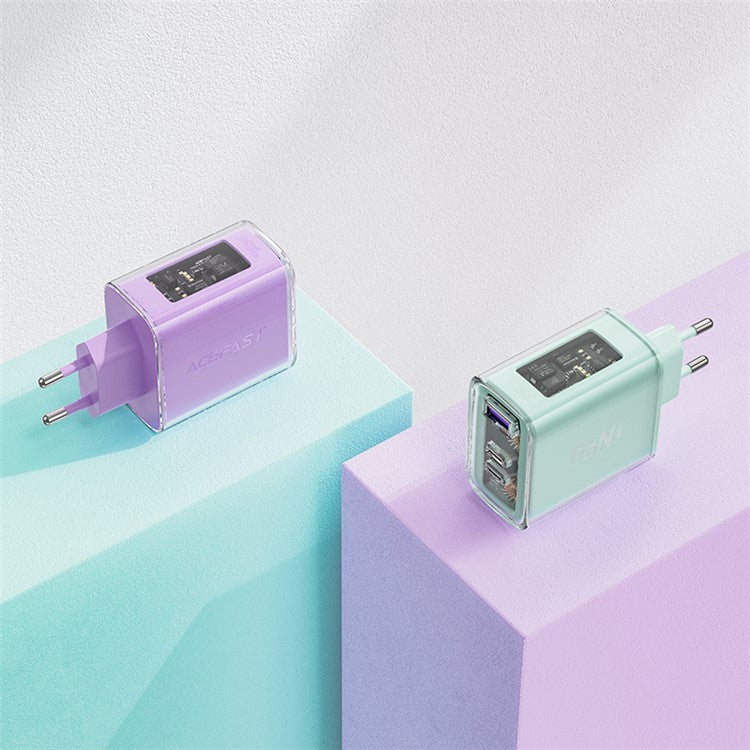 ACEFAST A45 Crystal Series USB+Dual Type-C PD 65W Wall Charger GaN Fast Charger Adapter (EU Standard) - Green
