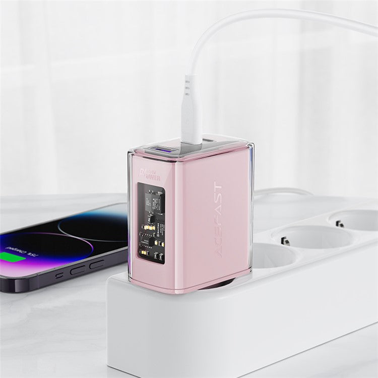ACEFAST A45 Crystal Series USB+Dual Type-C PD 65W Wall Charger GaN Fast Charger Adapter (EU Standard) - Pink