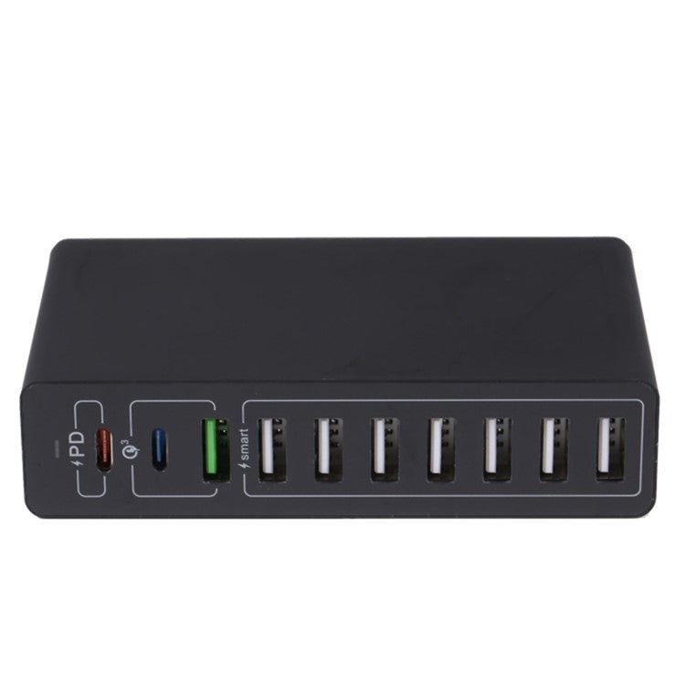 MFT-03Q USB Charger 10-Port 65W Multi-Port Type-C QC3.0 Charging Hub Compact Desktop Power Station - Black / US Plug
