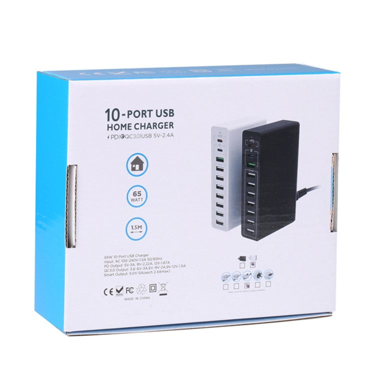 MFT-03Q USB Charger 10-Port 65W Multi-Port Type-C QC3.0 Charging Hub Compact Desktop Power Station - Black / US Plug