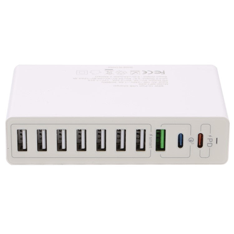 MFT-03Q USB Charger 10-Port 65W Multi-Port Type-C QC3.0 Charging Hub Compact Desktop Power Station - White / US Plug
