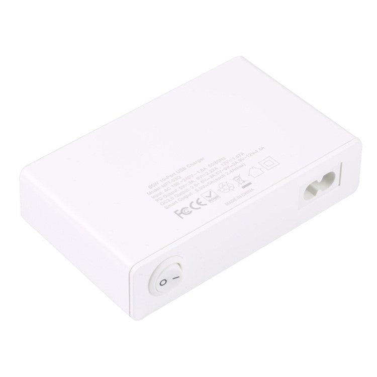 MFT-03Q USB Charger 10-Port 65W Multi-Port Type-C QC3.0 Charging Hub Compact Desktop Power Station - White / US Plug